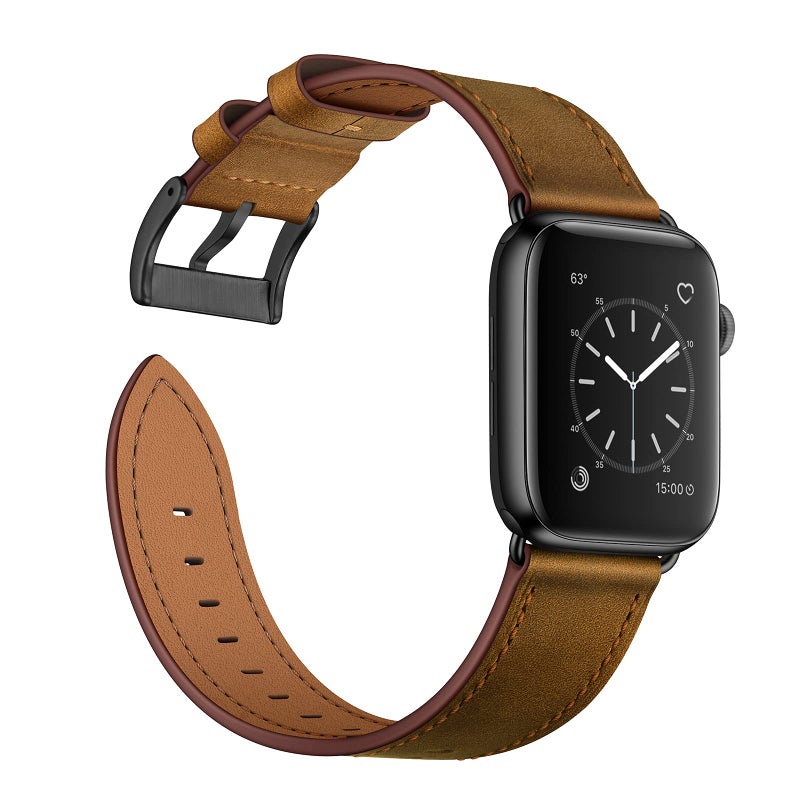 OUHENG Leather Bands Compatible with Apple Watch Band 49mm/46mm/45mm/44mm/42mm, Genuine Leather Strap for iWatch Series 11/10/9/8/7/6/5/4/3/2/1 & Ultra 3/2/1 & SE3 SE2 SE, Retro Dark Brown/Black - Image 3